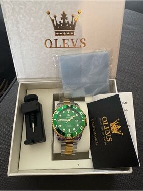 OLEVS Two-Tone Stainless Watch with Green Dial